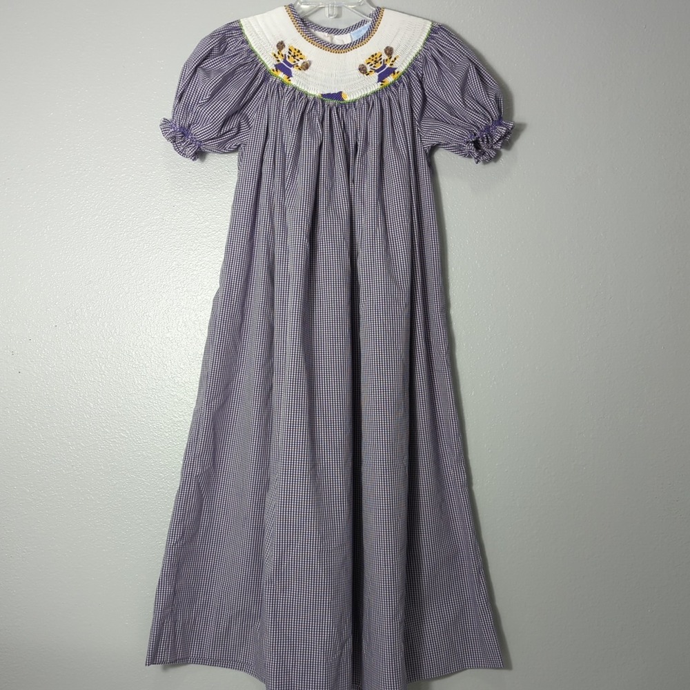 Remember Nguyen Girls Size 7 LSU Purple Gingham Smocked Long Dress 568‎